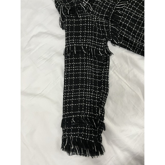 Zara Women's L Black White Tweed Long Sleeve Pullover Blouse Fringe Crop Work - Picture 7 of 7